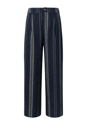 Marine gestreepte broek met plooien. Beschikt over verticale strepen in groen, bruin en blauw. Gemaakt van gestructureerde stof, met een knoopsluiting.