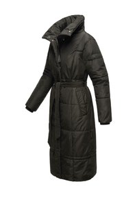Manteau d'hiver noir long, en duvet, avec un col montant, une taille ceinturée et des poches zippées. Présente des sections matelassées et des poignets élastiques.