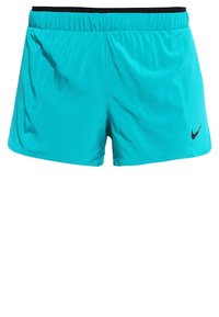 Shorts Nike turquoise avec une taille élastique noire, tissu léger et petit logo Swoosh noir sur le côté inférieur gauche.