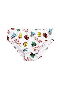 Slip da bagno bianchi con volti e loghi colorati dei supereroi Marvel, caratterizzati da un cinturino elastico e un motivo stampato.
