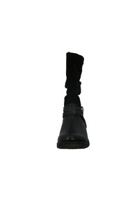 Botín negro con punta de cuero liso y parte superior de tela suave y texturizada. Cuenta con una correa en contraste y suela flexible.