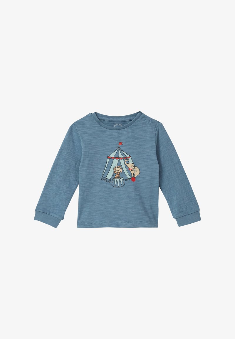 Blauw langemouwen peutershirt met een circus tent grafiek, featuring een leeuw op een voetstuk en een olifant die in balans staat op een rode bal.