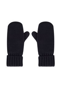 Muffole di lana blu scuro lavorate a maglia con un polsino a coste, caratterizzate da una consistenza liscia e una forma arrotondata per proteggere le dita.