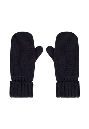 Muffole di lana blu scuro lavorate a maglia con un polsino a coste, caratterizzate da una consistenza liscia e una forma arrotondata per proteggere le dita.