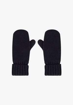 Muffole di lana blu scuro lavorate a maglia con un polsino a coste, caratterizzate da una consistenza liscia e una forma arrotondata per proteggere le dita.