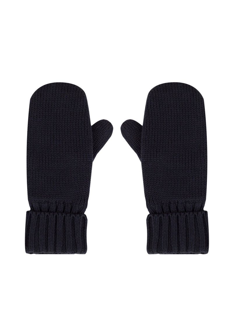 Muffole di lana blu scuro lavorate a maglia con un polsino a coste, caratterizzate da una consistenza liscia e una forma arrotondata per proteggere le dita.