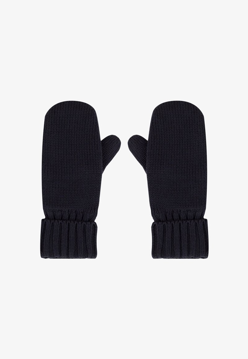 Mittens en laine bleu foncé avec un poignet côtelé, présentant une texture lisse et une forme arrondie pour protéger les doigts.