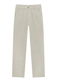 Beige straight-leg pants with front button, zipper closure, belt loops, and side pockets, displayed on a plain white background.