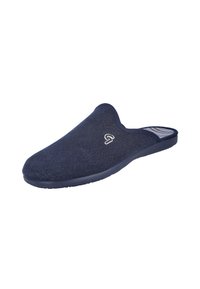 Zapatilla azul marino con parte superior de tela suave, respaldo cerrado y plantilla acolchada. Presenta una suela de goma texturizada y un simple detalle de logo.