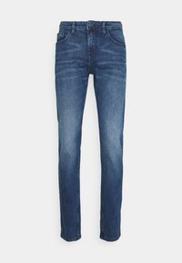Blå denimjeans, rak bendesign, fem fickor, framknapp och dragkedjestängning, lätt blekning på tyget och kontrasterande sömnadsdetaljer.