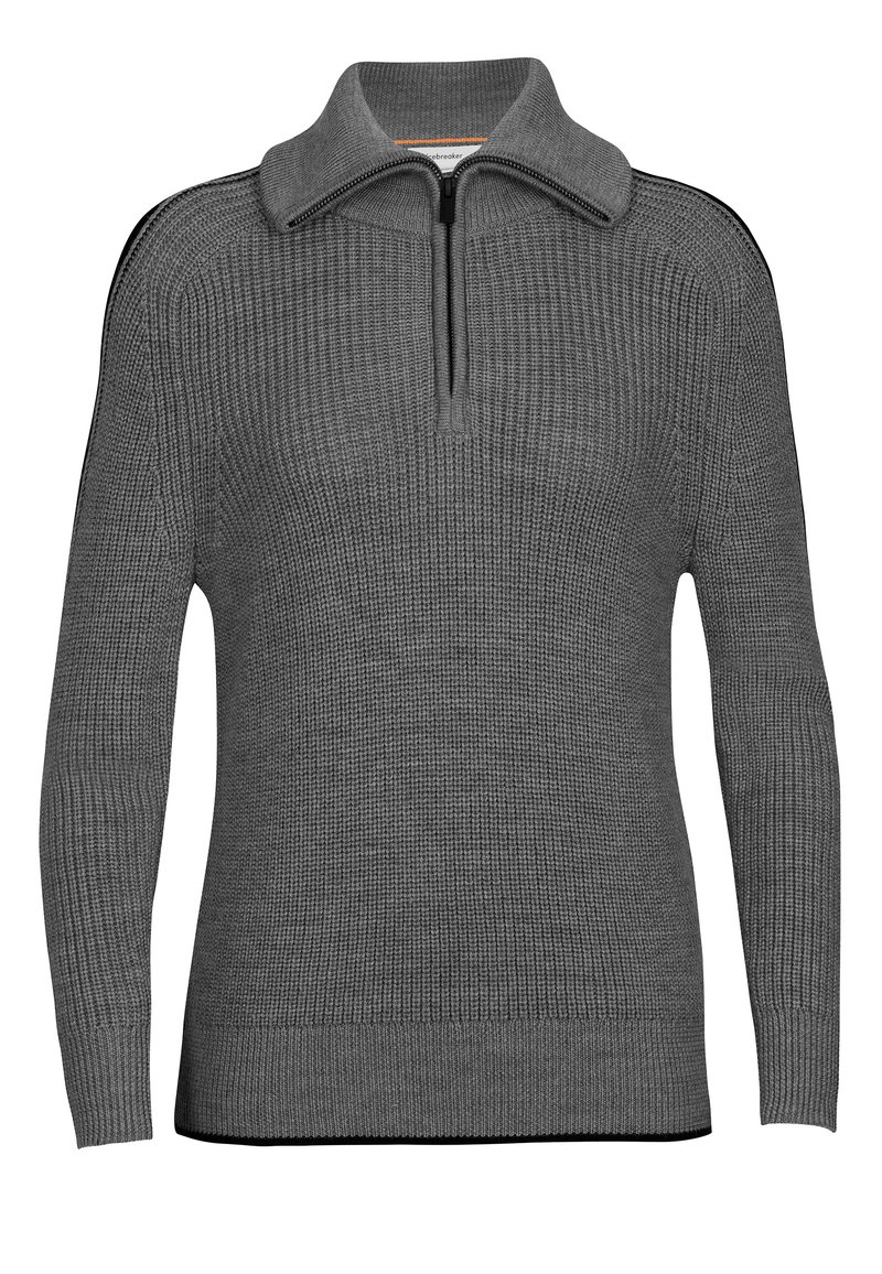 Grauer Strickpullover mit einem halben Reißverschlusskragen, gerippter Textur und einfarbigem Design. Das Design umfasst kontrastierende schwarze Akzente an den Seiten.