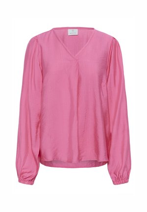 Long-sleeve blouse in vibrant pink, made of lightweight fabric. Features a V-neckline and gathered cuffs for added texture.