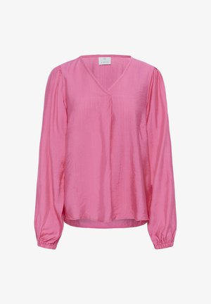 Blúzka s dlhým rukávom v žiarivej ružovej farbe, vyrobená z ľahkej látky. Disponuje výstrihom do V a nariasenými manžetami pre zvýraznenie textúry.