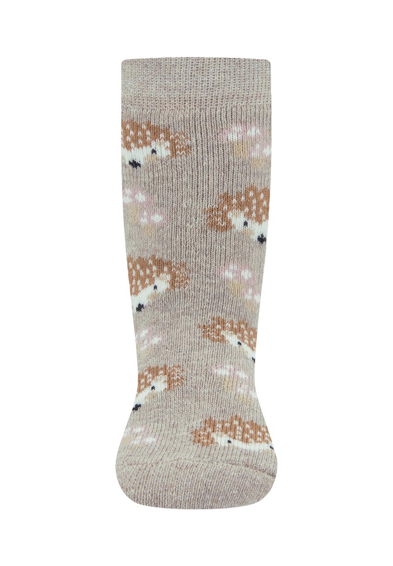 Kniestrumpf aus weichem beige Material, mit einem Igelmuster in Braun, Weiß und Pink, mit geripptem oberen Teil und nahtlosem Zehenbereich.