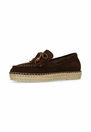 Dark brown suede moccasin with braided leather laces, wooden beads, and woven jute espadrille-style sole.