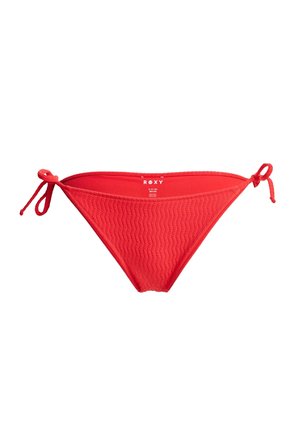 Rode bikini onderkant met een textuurpatroon, met strikjes aan de zijkanten. Gemaakt van rekbaar materiaal, vormgegeven in een klassieke, low-rise slipontwerp.