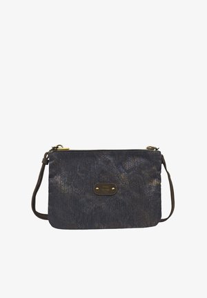 Petite sacoche noire rectangulaire avec un léger reflet multicolore, fermeture éclair et plaque logo "mila louise PARIS" à l'avant.