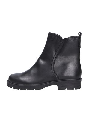 Bottine en cuir noir avec une finition lisse, un bout arrondi, des détails de couture subtils et une semelle en caoutchouc striée et basse.