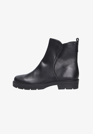Black leather ankle boot with a smooth finish, rounded toe, subtle stitching details, and a low, ridged rubber sole.