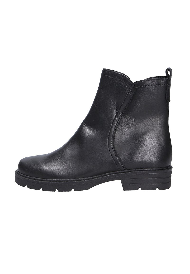 Bottine en cuir noir avec une finition lisse, un bout arrondi, des détails de couture subtils et une semelle en caoutchouc striée et basse.