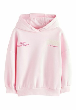 Felpa con cappuccio di colore rosa chiaro con polsini e bordo a costine, con testo ricamato "Londra Regno Unito" e "BAKER" in colori contrastanti.