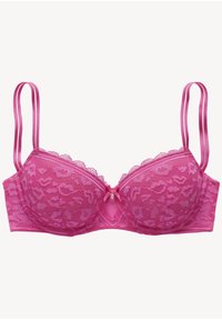 Lace bra in hot pink featuring padded cups, adjustable satin straps, scalloped edges, and a small bow with a gem detail at the center.