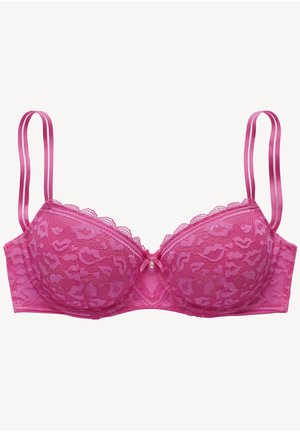 Lace bra in hot pink featuring padded cups, adjustable satin straps, scalloped edges, and a small bow with a gem detail at the center.