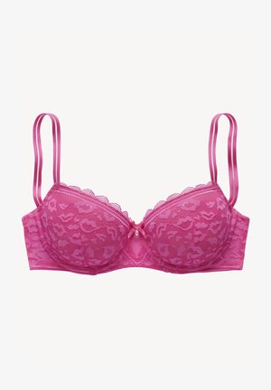 Reggiseno in pizzo di un vivace rosa intenso con coppe imbottite, spalline in satin regolabili, bordi ondulati e un piccolo fiocchetto con un dettaglio di gemma al centro.