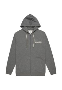 Grijze zip-up hoodie van zacht materiaal, met een trekkoordkap, voorzakken, geribbelde manchetten en 'DCSHOECO' gedrukt op de borst.