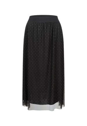 Sort midinederdel lavet af let, gennemsigtigt stof med prikmønster og elastisk taljebånd for komfort.