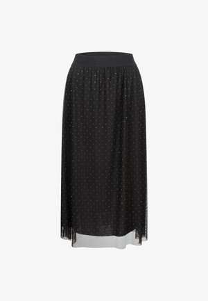 Černá midi sukně z lehké, průsvitné látky, s puntíkovaným vzorem a elastickým pasem pro pohodlí.