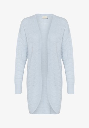 Light blue knit cardigan with an open front, featuring a textured pattern and long sleeves, made from a soft, lightweight material.