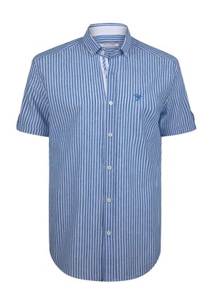 Korte mouwen, knoopsluiting shirt in blauw en witte verticale strepen, met een klein logo, standaard kraag en afgeronde onderzoom.