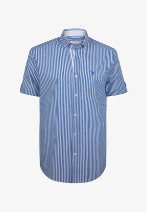 Short-sleeve, button-up shirt in blue and white vertical stripes, featuring a small logo, standard collar, and rounded hemline.