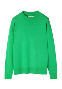 Pull vert vif à col rond avec manches longues et poignets, col et ourlet côtelés, présenté sur un fond blanc.