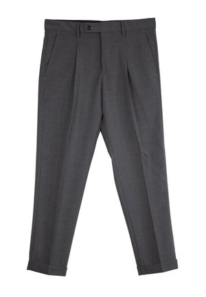Dark gray tailored dress trousers with front pleats, side pockets, belt loops, button closure, and cuffed hems laid flat on white background.