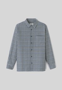 Chemise à manches longues pour hommes avec un motif à carreaux bleu et blanc, dotée d'un col boutonné, d'une poche avant et d'une fermeture à boutons. Tissu en coton.