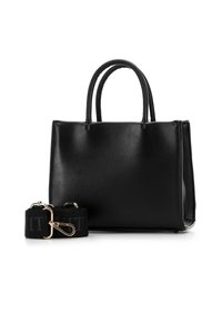 Borsa a tracolla nera in pelle con design strutturato, doppie maniglie superiori e una tracolla nera staccabile con logo. Texture liscia e linee pulite.
