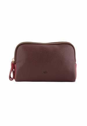 Mini pouch in burgundy leather with a textured surface, gold zipper, and a side loop for easy carrying. Smooth, rounded shape.