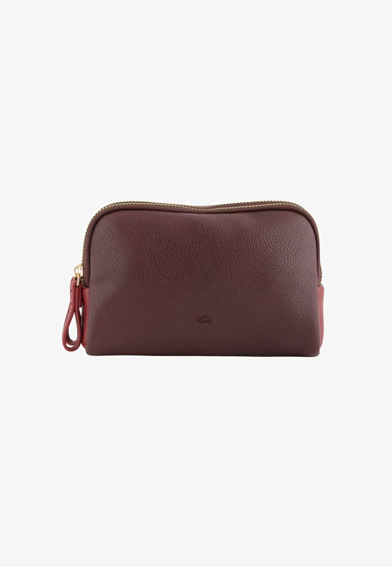 Mini pouch in wijnrood leer met een textuur, gouden rits en een lus aan de zijkant voor eenvoudig dragen. Glad, afgerond ontwerp.