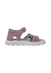 Sandal in materiale sintetico rosa con accenti glitterati, cinturini argento, lati aperti e suola in gomma bianca. Cinturino regolabile per una vestibilità sicura.