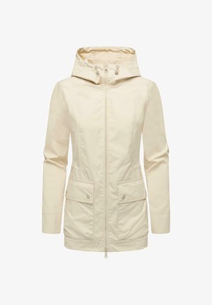Light beige jacket made of water-resistant fabric, featuring a zippered front, a hood, and two front pockets with snap closures.