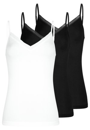 Tre kvinders ærmeløse camisoler med blondestrimle ved halsudskæringen, to sorte og en hvid, vist mod en hvid baggrund.