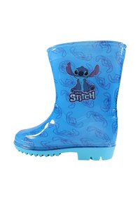 Bottes de pluie bleues pour enfants avec le personnage Stitch de Disney et des motifs répétés du visage de Stitch, dotées d'une semelle striée pour une meilleure adhérence.