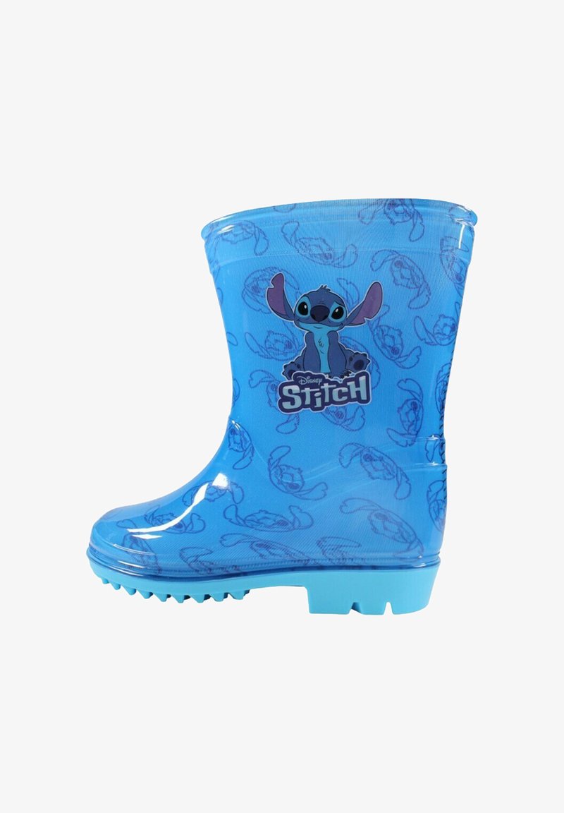 Bottes de pluie bleues pour enfants avec le personnage Stitch de Disney et des motifs répétés du visage de Stitch, dotées d'une semelle striée pour une meilleure adhérence.