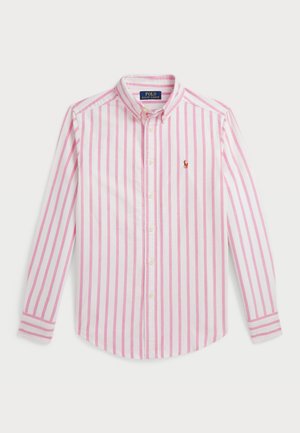 Camicia a maniche lunghe a righe bianche e rosa, in cotone, con colletto abbottonato, caratterizzata da un piccolo logo ricamato sul petto.