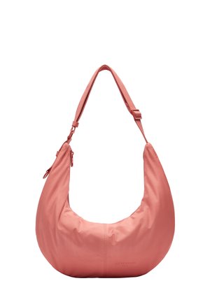 Hobo-Tasche aus weichem Korallennylon, mit einer geschwungenen Form, verstellbarem Schulterriemen und einem Reißverschlussfach zur Aufbewahrung.