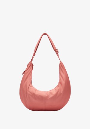 Torba hobo w miękkim koralowym nylonie, o zaokrąglonym kształcie, z regulowanym paskiem i zamykaną na suwak komorą do przechowywania.
