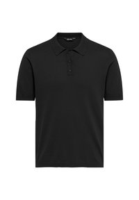 Black polo shirt made of cotton, featuring a ribbed collar, three-button placket, and short sleeves. Smooth texture with no patterns.