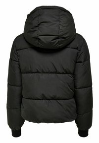 Sort pufferjakke med hætte, quiltet design med vandrette paneler og ribstrikkede manchetter. Glat, vandafvisende ydre materiale.